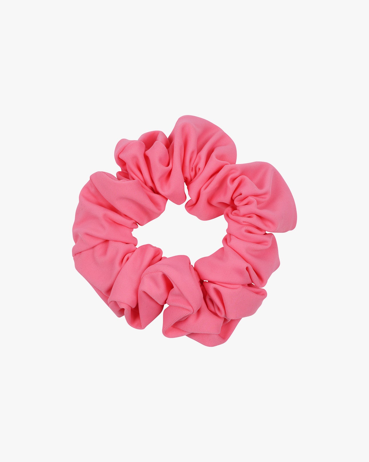 Das Haargummi einfarbig von Main Design ist ein leuchtend rosa, rundes Haargummi mit einer gerüschten Textur, das aus Stoffresten besteht und auf einem schlichten weißen Hintergrund abgebildet ist.