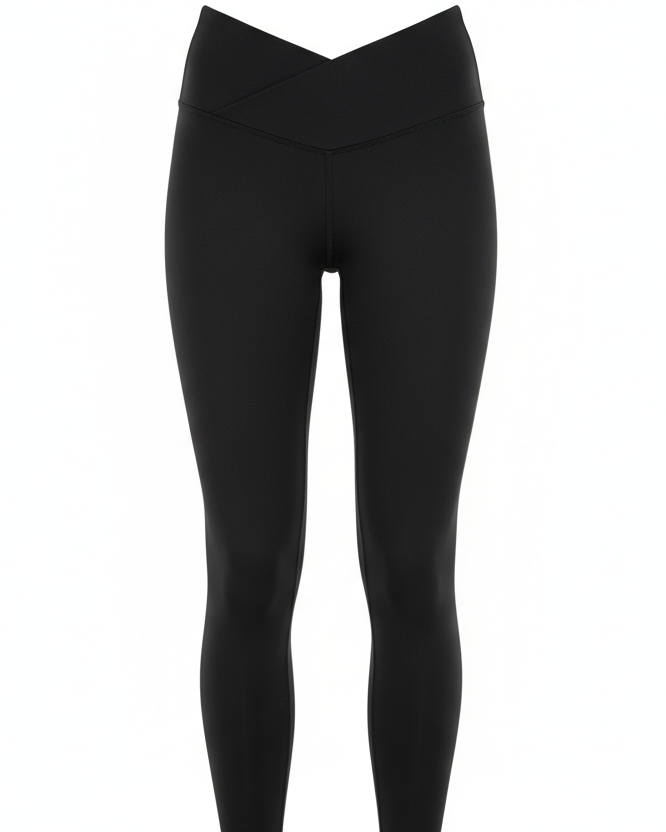 Black active wear leggings with a v waist band on top
