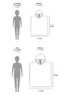 Diagramm zum Größenvergleich des Kinder Badeponcho Flow von Main Design. Poncho für 3-6 Jahre: 62 cm lang, 55 cm breit, aus OEKO-TEX-zertifizierter Baumwolle. Poncho für 7-12 Jahre: 82 cm lang, 75 cm breit. Silhouetten zeigen Kindergrößen. all-groups