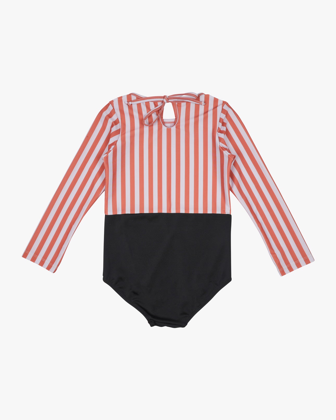 Der Laila Mädchen Badeanzug von Main Design bietet UPF 50+-Schutz, rote und weiße vertikale Streifen oben, eine einfarbig schwarze Unterseite und einen Schlüssellochausschnitt auf der Rückseite mit Bindeverschluss am Hals.