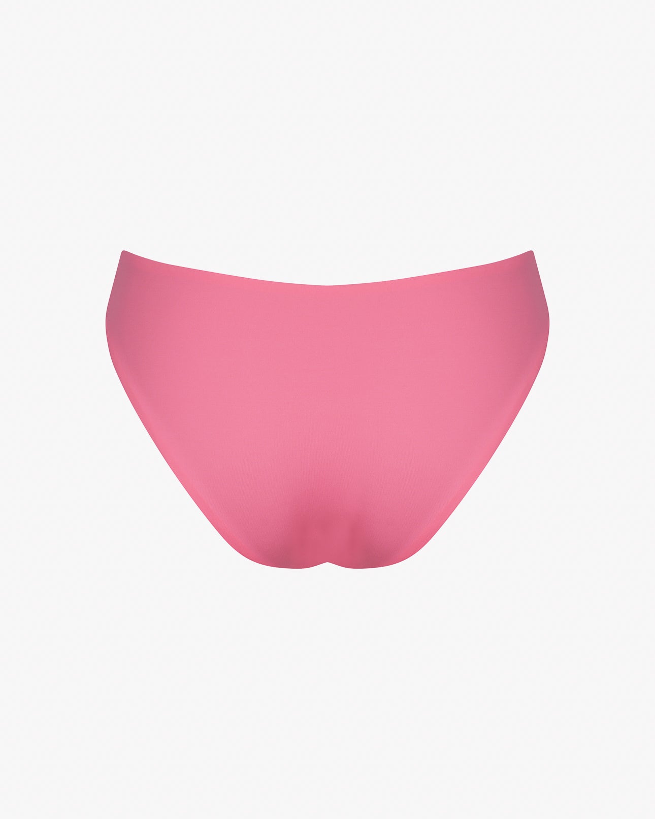 Eine Luxe Bikinihose von Main Design im schlichten, rosa Brazilian Cut wird auf weißem Hintergrund präsentiert. Hergestellt aus recycelten Materialien, besticht sie durch eine glatte Textur und ein nahtloses Design. Die Rückseite zeigt zum Betrachter.