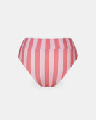 Die Alice Bikini Hose von Main Design ist hoch tailliert und aus recyceltem Material gefertigt. Sie ist mit vertikalen rosa und hellrosa Streifen auf weißem Hintergrund versehen.
