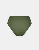 Die Alice Bikini Hose von Main Design ist eine nahtlose, olivgrüne High-Waist Hose für Frauen, die aus recycelten Materialien hergestellt wird. Abgebildet von hinten auf einem einfarbig weißen Hintergrund mit einem glatten, logofreien Design und ohne Muster oder zusätzliche Details.