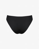 Eine Vorderansicht der Luxe Bikini Hose von Main Design, einem Paar Bikinihöschen im brasilianischen Schnitt in Schwarz aus nachhaltigen Materialien vor weißem Hintergrund.