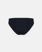 Ein Paar Luxe Glitter Bikini-Hosen von Main Design, hergestellt aus recycelten Materialien, gezeigt von hinten in schwarzem Brazilian-Schnitt auf weißem Hintergrund.