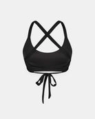 Das Main Design Charm Surf Bikini Oberteil ist ein schwarzes Crop-Top für Frauen mit gekreuzten Trägern, einem Bindeband im unteren Rückenbereich und UPF 50+ Schutz, abgebildet auf einem einfarbig weißen Hintergrund.