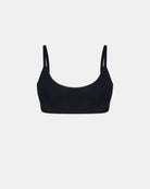 Das Sassy Glitter Bikini Oberteil von Main Design ist ein schwarzes, nahtloses Bralette mit dünnen Trägern und Rundhalsausschnitt, hergestellt aus recyceltem Materialien Bikini Stoff, abgebildet auf einem schlichten weißen Hintergrund.