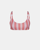 Das Sassy Bikini-Top von Main Design präsentiert sich mit rosa und hellrosa Streifen, dünnen Trägern und einem sportlich-femininen Stil auf einem schlichten weißen Hintergrund.