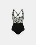 Der Milly Mädchen Badeanzug von Main Design hat ein weißes und schwarzes Oberteil mit Tiermotiven, ein schwarzes Unterteil, einen V-Ausschnitt und überkreuzte Träger. Dieser modische UPF50+ Kinderbadeanzug ist auf einem einfarbig weißen Hintergrund abgebildet.
