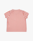 Das Hauptdesign des Aina Kinder UV-Shirts aus nachhaltigem Stoff zeigt vertikale orange-weiße Streifen. Es bietet einen LSF von 50+ und ist von der Rückseite aus auf weißem Hintergrund abgebildet.