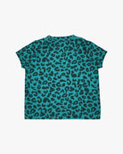 Das Aina Kinder UV-Shirt von Main Design ist ein türkisfarbenes Kurzarmshirt mit schwarzem Leopardenmuster auf weißem Grund aus nachhaltigem Stoff. Als Kinder UV-Surfshirt bietet es UPF 50+ Schutz für optimalen Sonnenschutz.