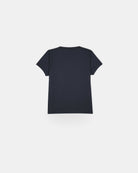 Aina Kinder UV Shirt von Main Design in schlichtem dunklem navy, kurzärmelig, von hinten flach auf weißem Grund abgebildet. Hergestellt aus nachhaltigem Stoff und bietet UPF 50+ Sonnenschutz.