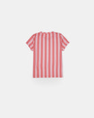 Das Aina Kinder UV Shirt von Main Design ist ein kurzärmeliges T-Shirt mit vertikalen rosa und hellrosa Streifen, hergestellt aus nachhaltigem Stoff, mit UPF 50+ Sonnenschutz, abgebildet mit der Rückseite nach oben auf weißem Hintergrund.