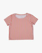 Das Lush UV Surf Shirt von Main Design ist ein schnell trocknendes Kurzarm-T-Shirt mit vertikalen orange-weißen Streifen. Es bietet Sonnenschutzfaktor UPF 50+ auf einem schlichten Rundhalsausschnitt, der sich vor einem schlichten weißen Hintergrund abhebt.