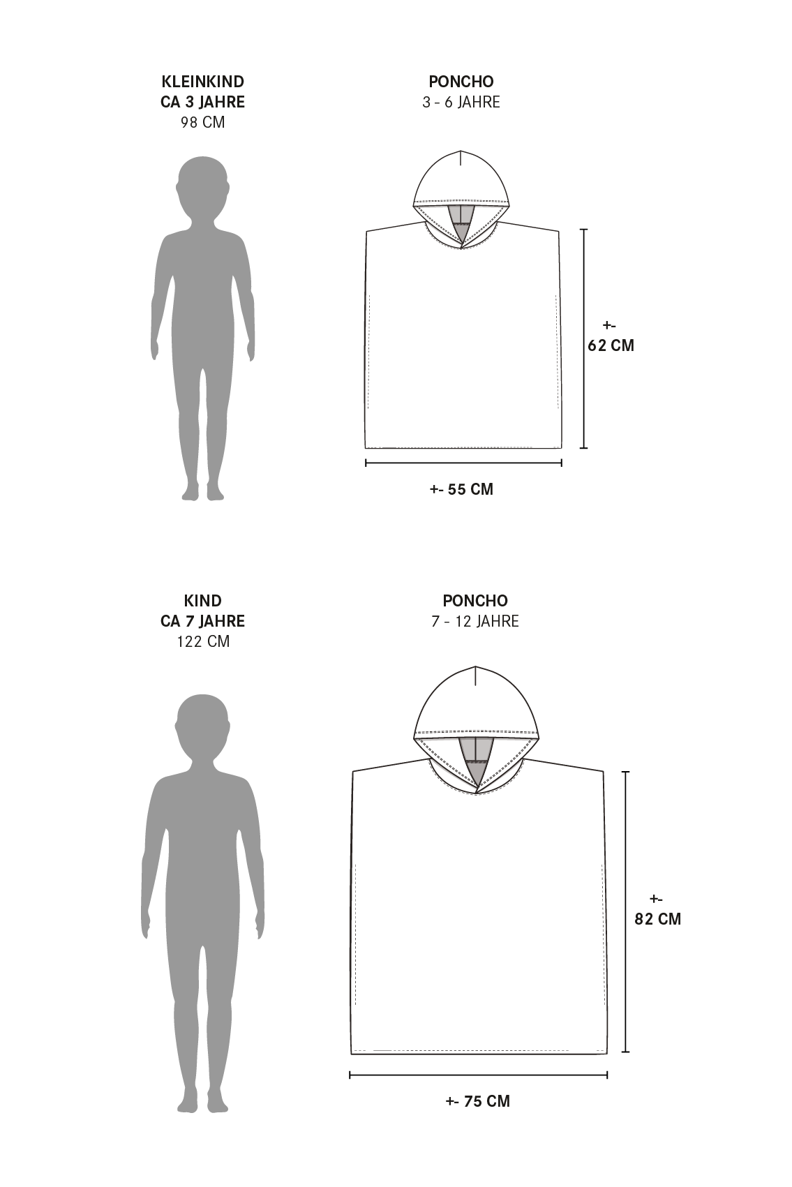 Diagramm zum Größenvergleich des Kinder Badeponcho Flow von Main Design. Poncho für 3-6 Jahre: 62 cm lang, 55 cm breit, aus OEKO-TEX-zertifizierter Baumwolle. Poncho für 7-12 Jahre: 82 cm lang, 75 cm breit. Silhouetten zeigen Kindergrößen.