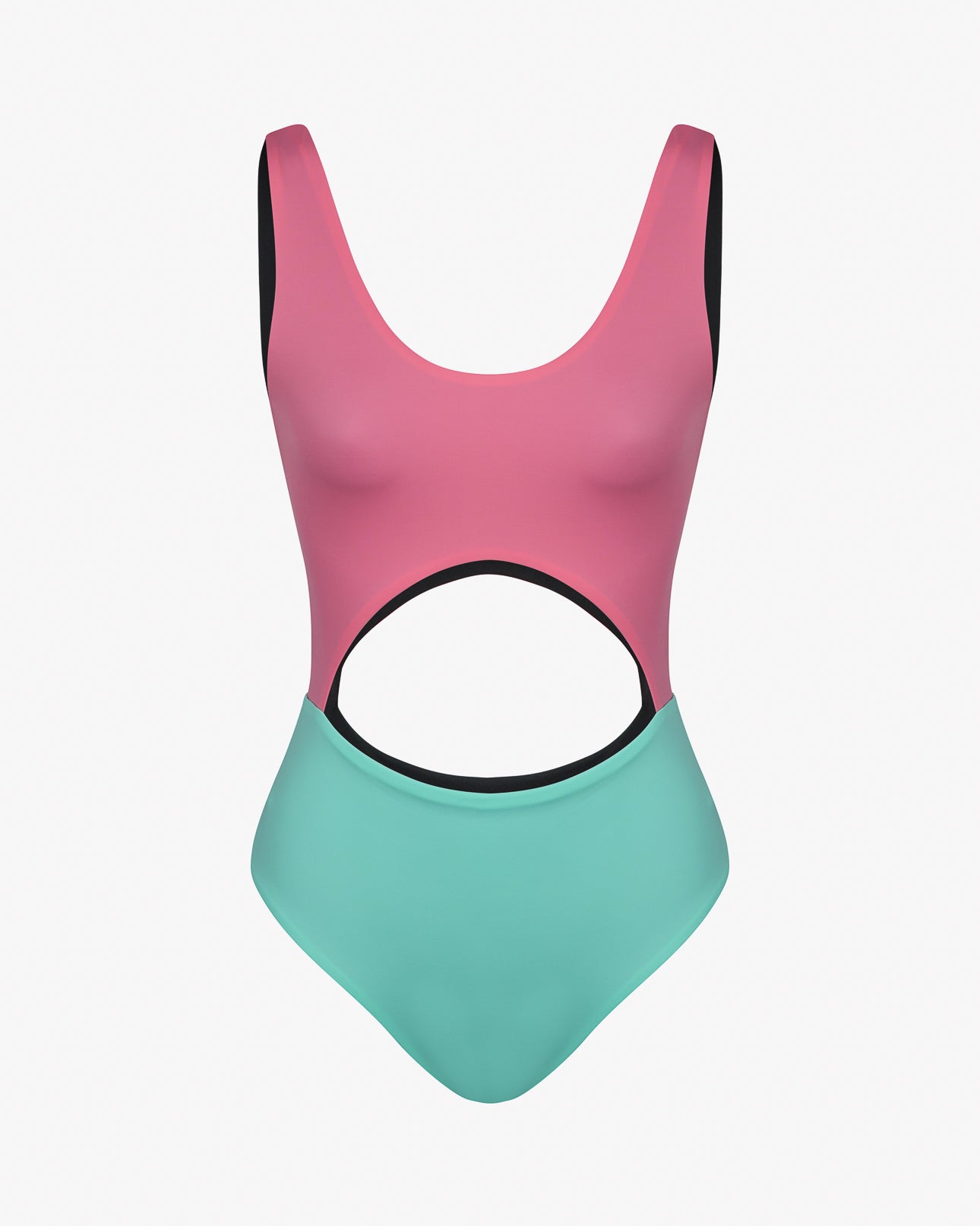 Der Main Design Nova Badeanzug hat ein pinkes Oberteil, ein aquamarinfarbenes Unterteil, einen Bauchausschnitt, einen schwarzen Besatz und einen Rundhalsausschnitt. Hergestellt aus chlorresistentem Stoff für Stil und Chlorbeständigkeit. Der Hintergrund ist schlicht weiß.
