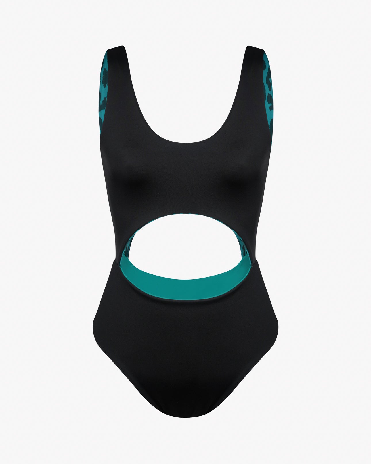 Der Main Design Nova Badeanzug ist ein schwarzer einteiliger Badeanzug mit einem großen vorderen Ausschnitt unterhalb der Brust, einem blaugrünen Futter und blaugrünen Leopardenmusterdetails an den inneren Trägern, hergestellt aus chlorresistenter Stoff.